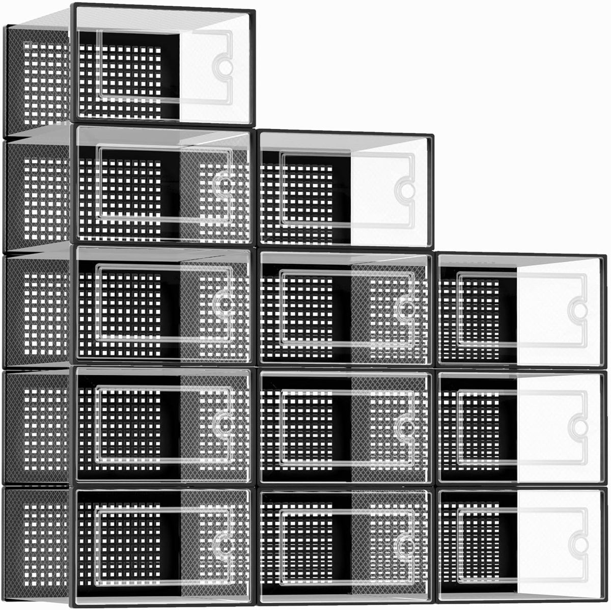 X-Large Shoe Storage Boxes Organizers Clear Plastic Stackable 12 Pack, Shoe Rack & Holder Substitute, Sneaker Containers, Toy Storage Organizer Bins for Entryway, Closet, Under Bed, Black