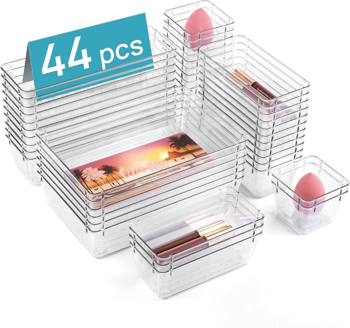 44 PCS Clear Plastic Drawer Organizers Set, 4-Size Versatile Bathroom and Vanity Organizer Trays, Non-Slip Storage Containers for Makeup, Jewelries, Bedroom，Kitchen Utensils and Office